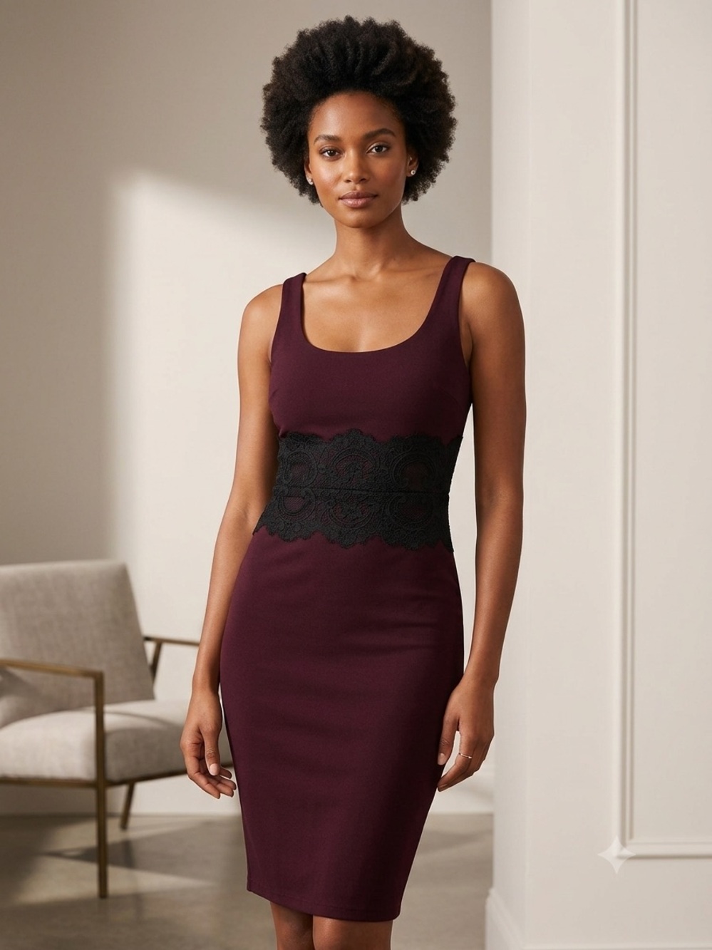 Sleeveless Lace-Waist Bodycon Dress - Plum